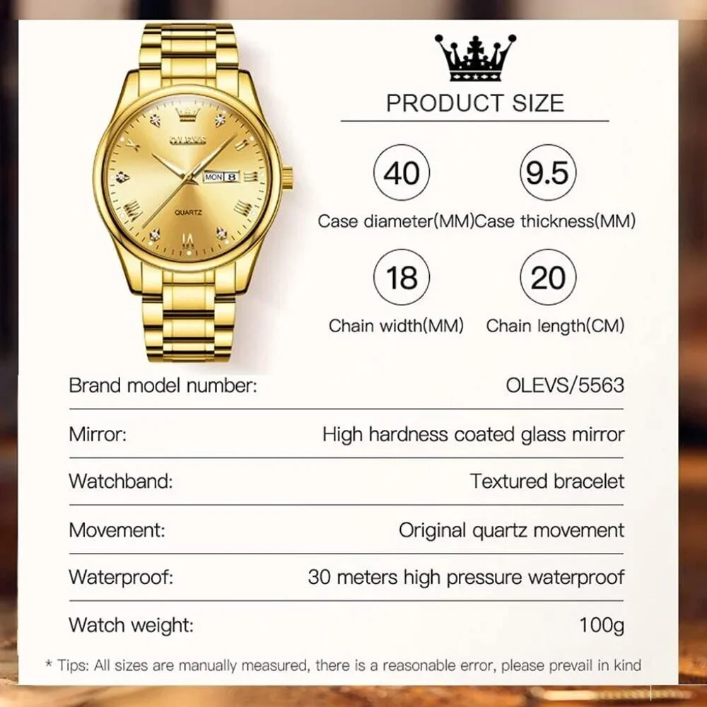 Olevs Men's Gold Steel Stainless Waterproof Stainless Luminous Stylish Watch